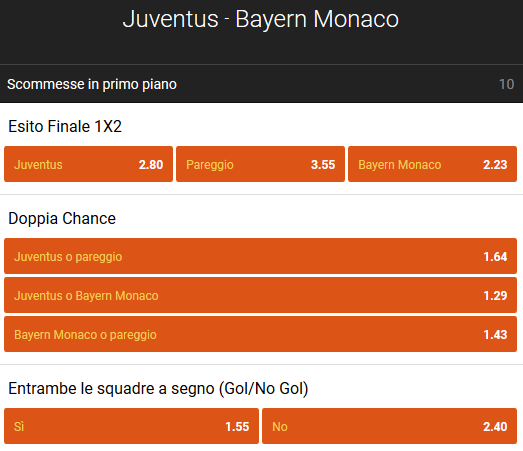 888sport quote juventus vs bayern monaco 26/07/2018