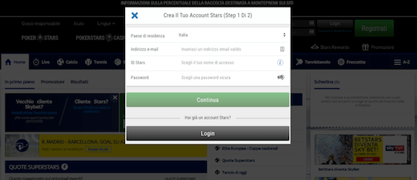 Registrazione Sky Bet scommesse by Stars