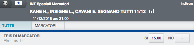 sisal matchpoint kane insigne cavani 11-12-2018 quota