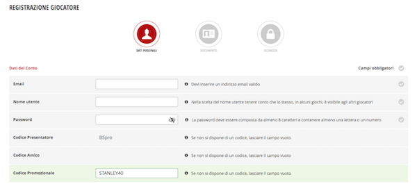 Formulare di registrazione su Stanleybet