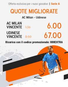 quota migliorata 888sport milan vs udinese