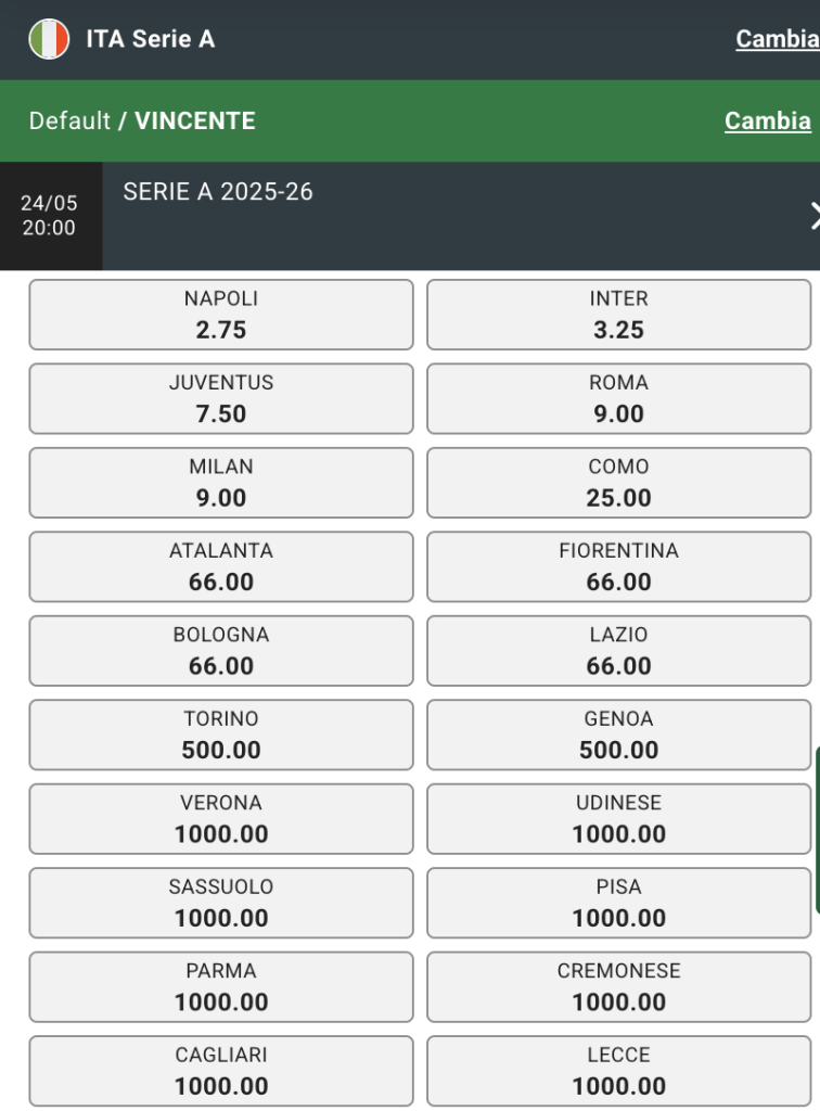serie a 2025/2026 sisal quote vincente